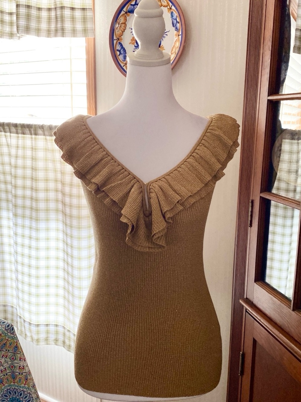 Lauren Ralph Lauren Gold Ruffle V-Neck Knit Top